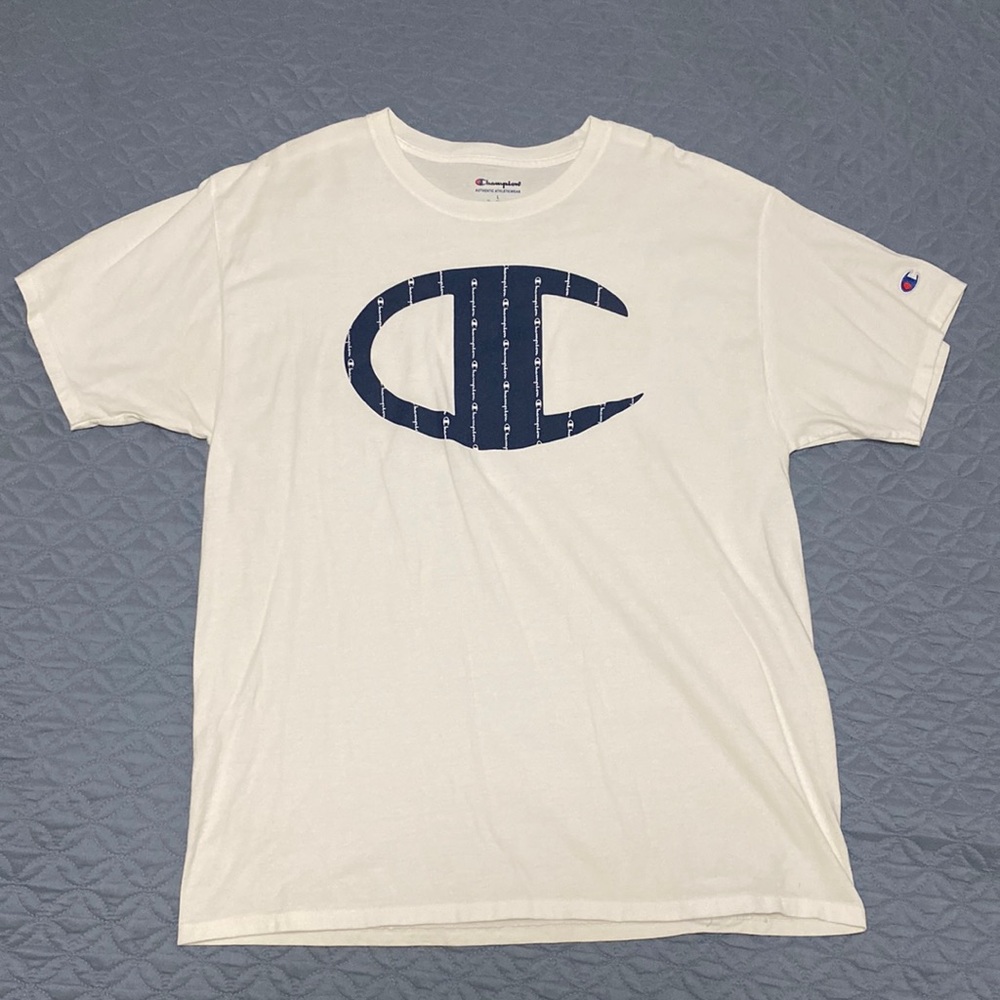 Large white Champion tee with navy blue logo